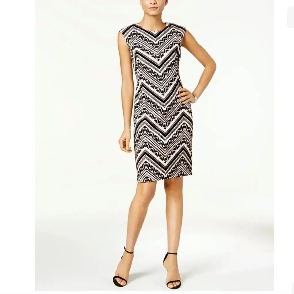 Vince Camuto Flocked Velvet Chevron Sheath Blush & Black Dress